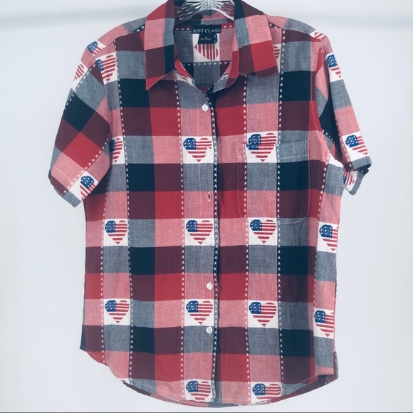 Womens Shirt Short Sleeve Button Red White Blue sz Medium - Picture 8 of 9